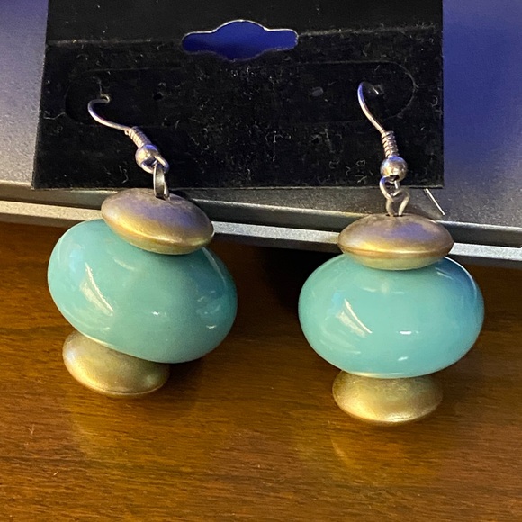 Jewelry - Turquoise Porcelain Bead Drop Earrings with Antique Gold Accents